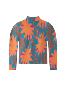 Miyake Classic Stretch Fabric Comfortable Breathable Small High Collar Printed Slim Fit Cute Pullover Long Sleeve Women T-shirt