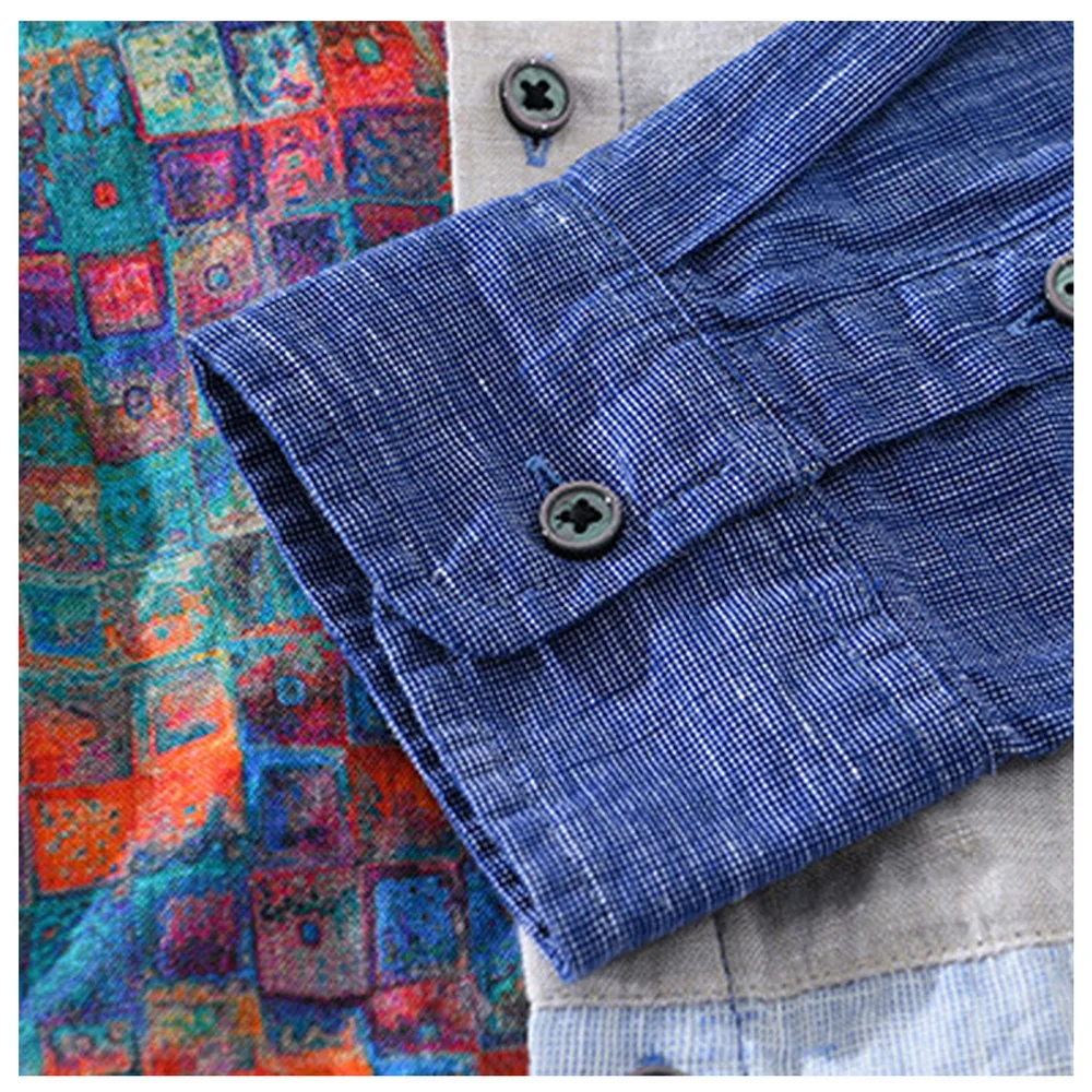 2025 New Design High Quality Casual Buttons Pure Linen Long Sleeve Shirts For Men Patchwork Linen Shirt_voghion.com
