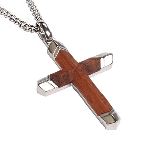 Customized 316 Stainless Steel Fashion Men's Necklace Bubinga Wood Pendants Cross-Shaped Engraving Pendant for Gift