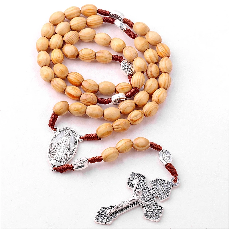 8*10mm Light Brown Wooden Beads Woven Knot Catholic Virgin Mary Rosary Charm Necklace Religious