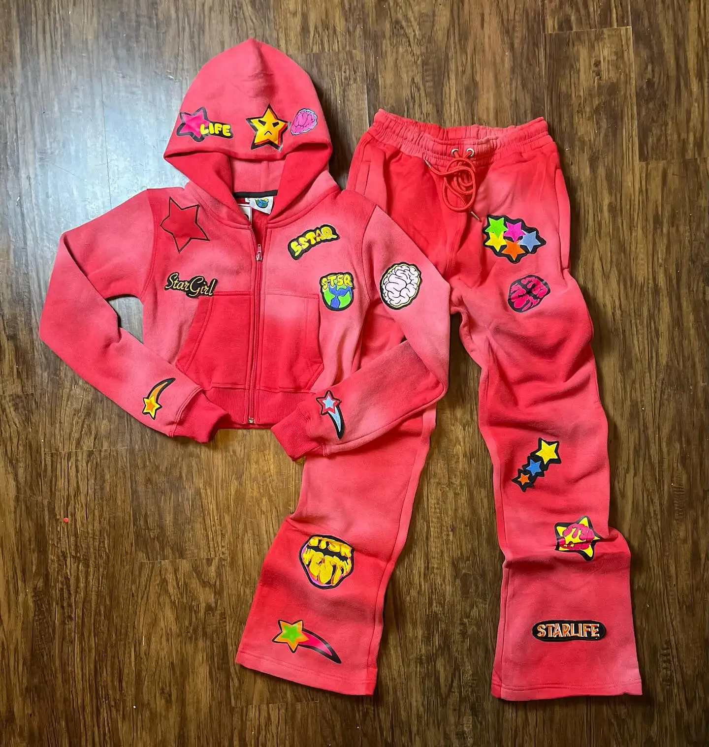Salati Custom Logo Unisex Female Hoodie Set Outfit Embroidery Acid Wash Distressed Jogger Jogging Sweat Suit Sweatsuit Set Women gallery 9