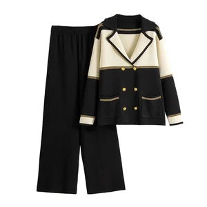 Spring Autumn Color Blocking Suit Knit Suit Casual Double Breasted Knit Cardigan and Pants Set Knitted Two Piece Suit for Women