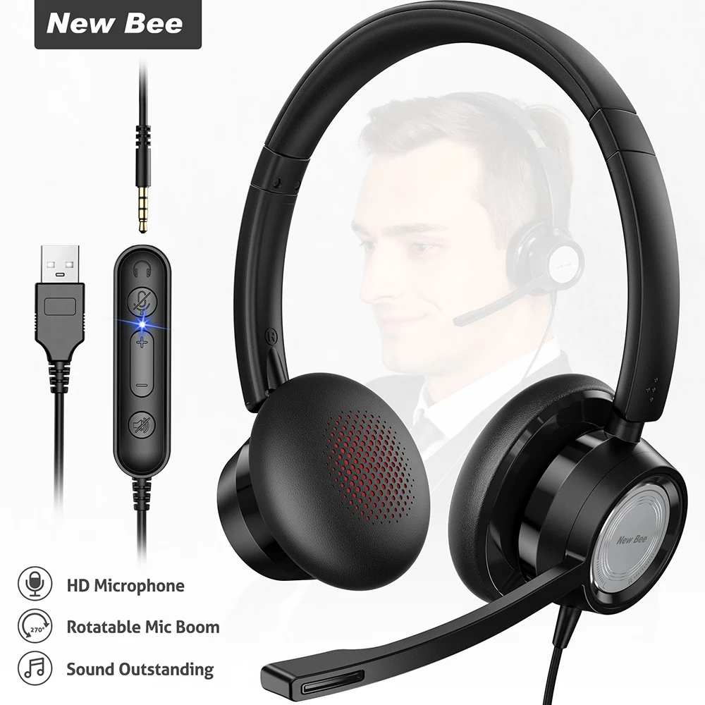 New Bee-auriculares USB con micrófono silencioso para PC, cascos de  negocios de 3,5mm con