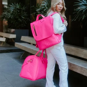 Custom Logo Luxury Neon Pink  Croc Leather Women Duffel Weekender Travel Bag and Backpack Set