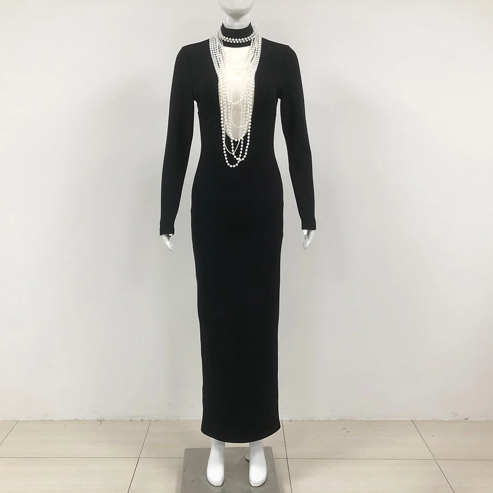 Women Pearl Bead Chain Turtleneck Sexy Hollow Long Bandage Dress Long  Sleeved Elegant Evening Cocktail Party Dresses