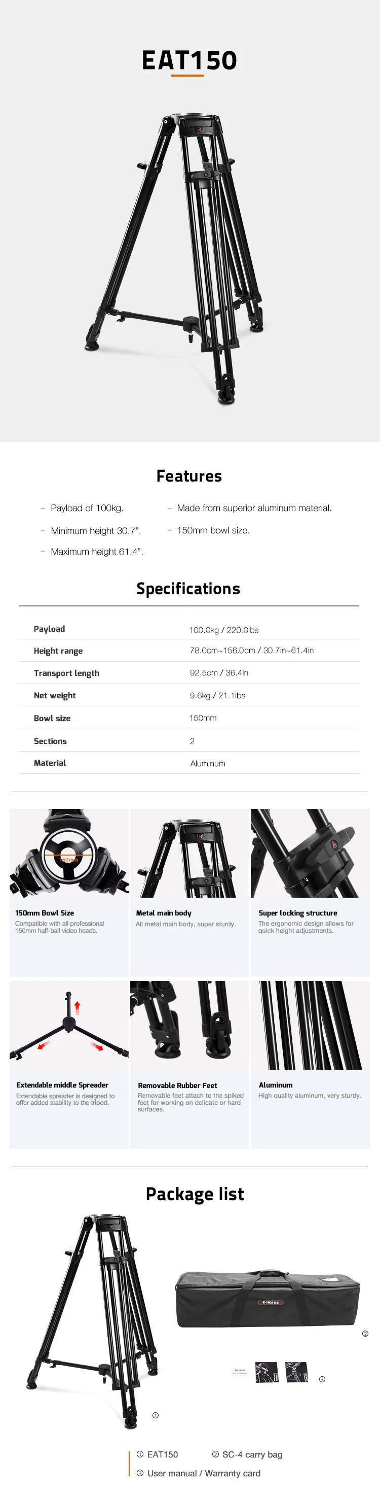 - EAT150 Professional 150mm tripod bowl Aluminum Video Stand 100.0kg / 220.0lbs