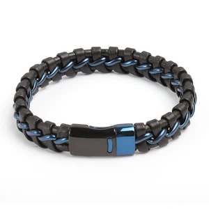 Jewelry Men Black Leather and Blue Steel Wire Stitching Genuine Leather Fashion Bracelet