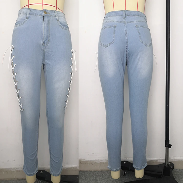1041322 Good Quality Women Fashion Clothing Ladies High Waist Bandage Jeans Women Denim Pants