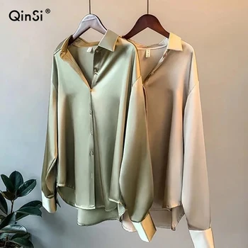 QINSI Women Long sleeve Dress Shirt Plus Size Woman Overshirt Spring 2022 Womens Clothing Silk Shirt Vintage Blouse
