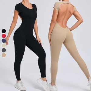 New Tight Quick Drying Yoga Jumpsuit One Piece Yoga Suit Short-Sleeved Hollow Out Backless Hip-Lifting Sports Fitness Bodysuit