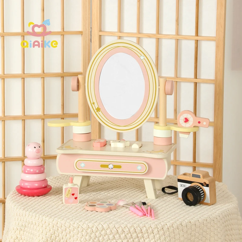 Qiaike Children's Wooden Dressing Table Pretend Play Toddler Makeup Vanity Table Toys with 360° Rotatable Mirror for Girls