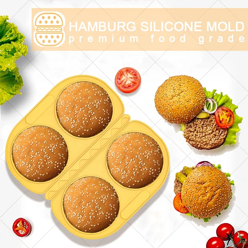 Eco-friendly Non Stick Silicone Burger Bun Mold Silicone Baking Bread Mold 4 Cavity Silicone Hamburger Mold