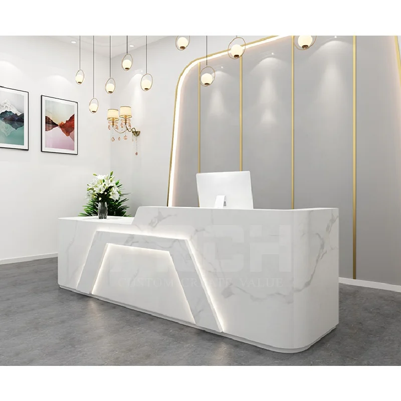 Customized Marble Modern Reception Counter Small Office Salon Spa Reception Desk with Led Light