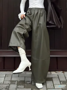 Cross-border PU Bloomers European American 2026 Autumn Winter New Elegant Vintage Regular Fit Lazy Drawstring Wide Leg Pants
