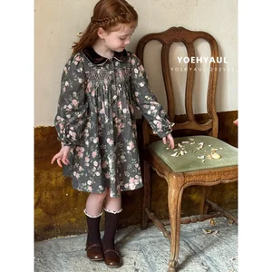 YOEHYAUL 25180 Kids Vintage Floral Print Dress 100% Cotton Girl Dress Long Sleeve Peter Pan Collar Elegant Dress for Toddlers