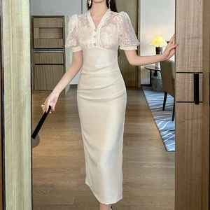 ZYHT 21234 Wholesale V Neck Lace Patchwork High Waist Cute Midi Dress Party Ladies White Dresses for Woman Elegant Dresses