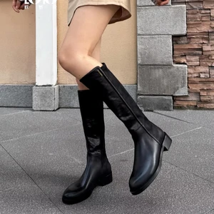 Women's High-end Black Genuine Leather Unique Platform Back Zipper Casual Western  Knee High Women's Shoes Ladies Fashion Boots