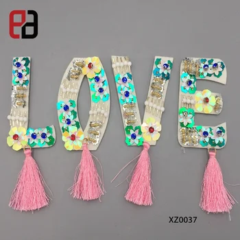 Factory Directly Sequins Beads Embroidered Patch Alphabet Letters with Tassels Patch LOVE