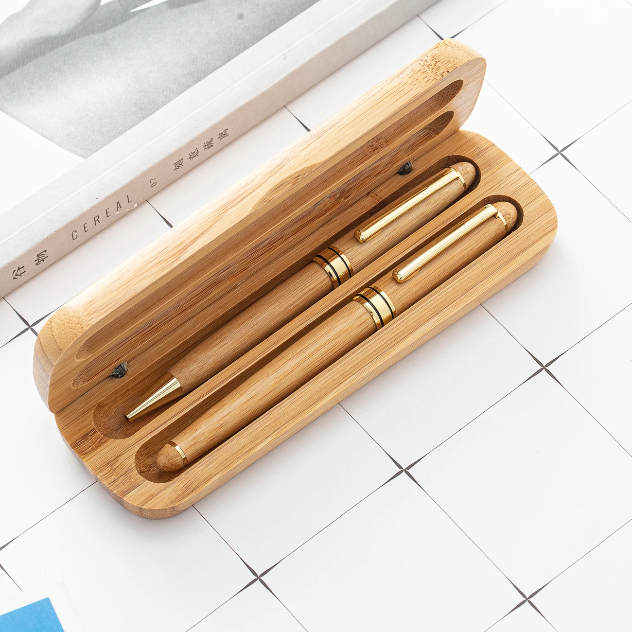 Promotional stationery wooden pen gift set with custom logo engraved luxury gift bamboo ball pen with bamboo case box