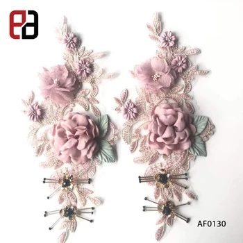 Luxury Handmade 3D Chiffon Satin Lace Fabric Artificial Flower Applique With Beads Legs