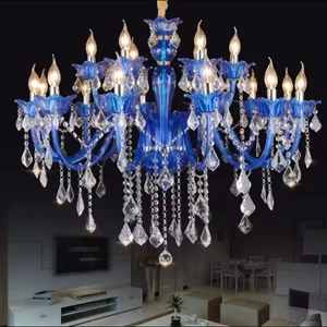 European Style Pendant Light Modern Blue Candle Holder Crystal Chandelier Living Room Bedroom