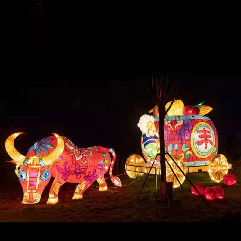 Round Paper Lantern Lights Colorful Led Lighted Animal Shapes  Chinese New Year Ox Lantern Display