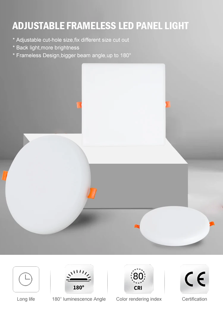 Die-casting aluminum back light panel light adjustable spring buckle cut size round & square shape frameless led panel light