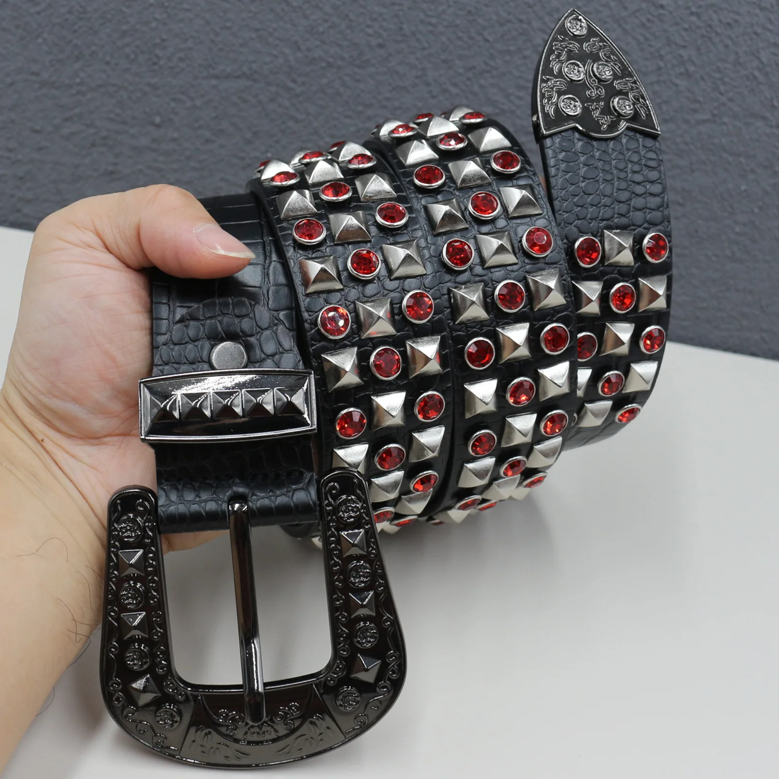Studded Faux Leather Belt with Rivets and Silver Buckle Punk Rock BlinkLLX 2 Pieces Studded Belt Punk Y2K Rock Goth Emo Belt  main image 2