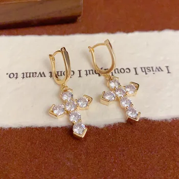 Light Luxury Fashion Full Diamond Cross Tassel Earrings Female Temperament Simple High Quality Earrings Wholesale