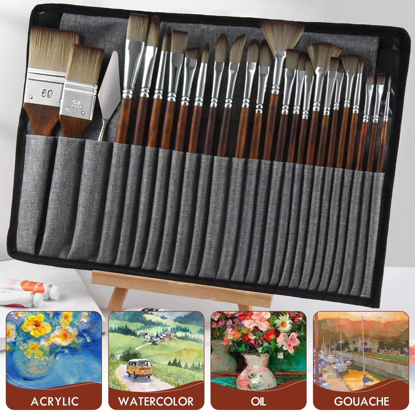 Multi-Shaped 25pcs Custom Logo Wooden Handle Acrylic Nylon Hair Watercolor Acrylic Oil Painting Artist Paint Brush Set
