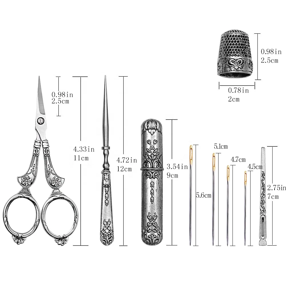 5Pcs/Set Antique Scissors Set for Embroidery Sewing Vintage Fabric Scissors+Needle  Storage Tube+Awl+Needle Thread+Thimble Set - 