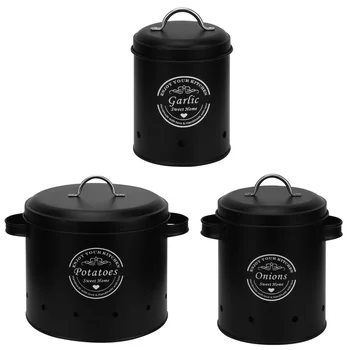 Eco-friendly Black Metal Storage Box with Lid Fresh Kitchen Potato Onion Garlic Canisters Set Bin