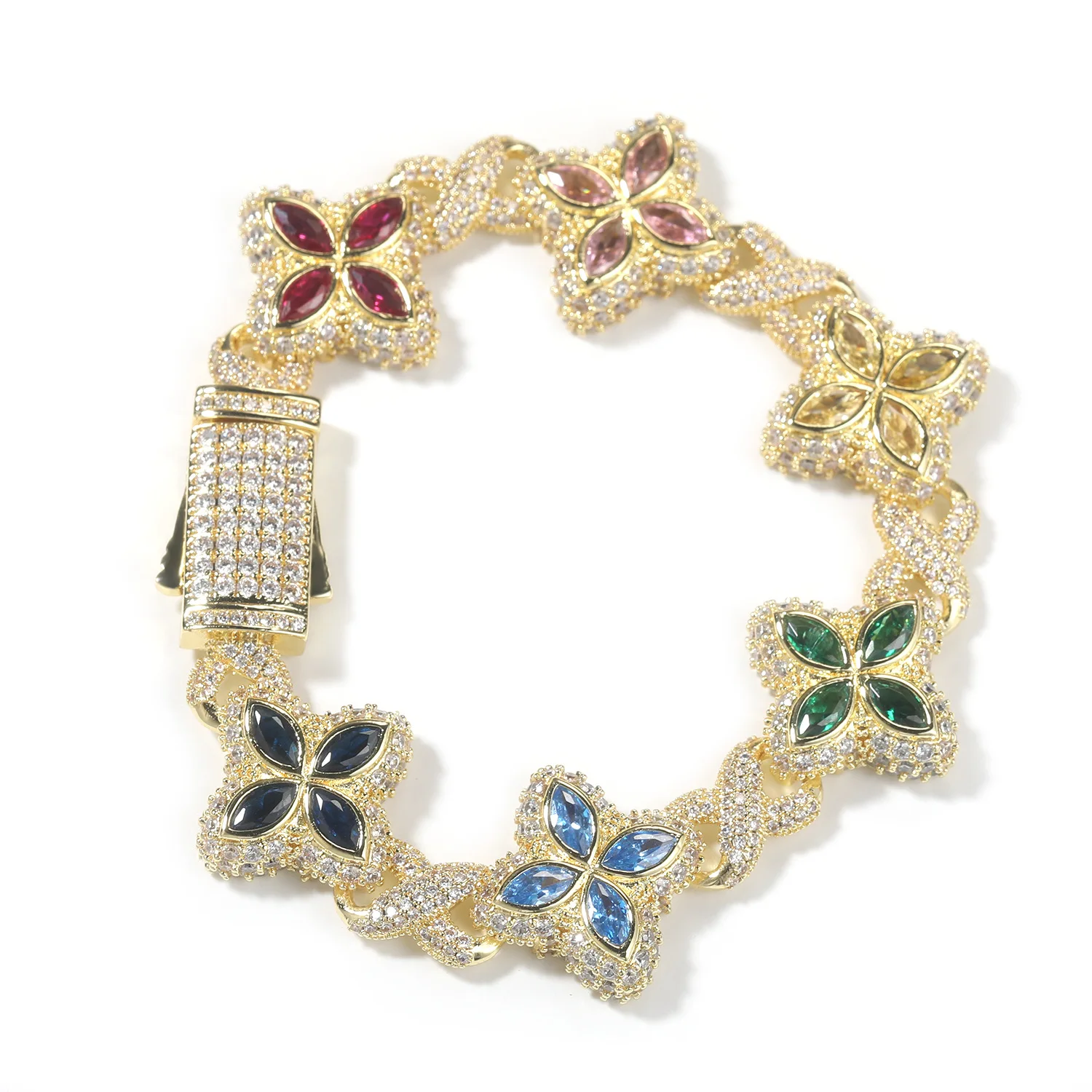 Luxury Colorful Zircon Brass Clover Infinity Link Bracelet Iced 