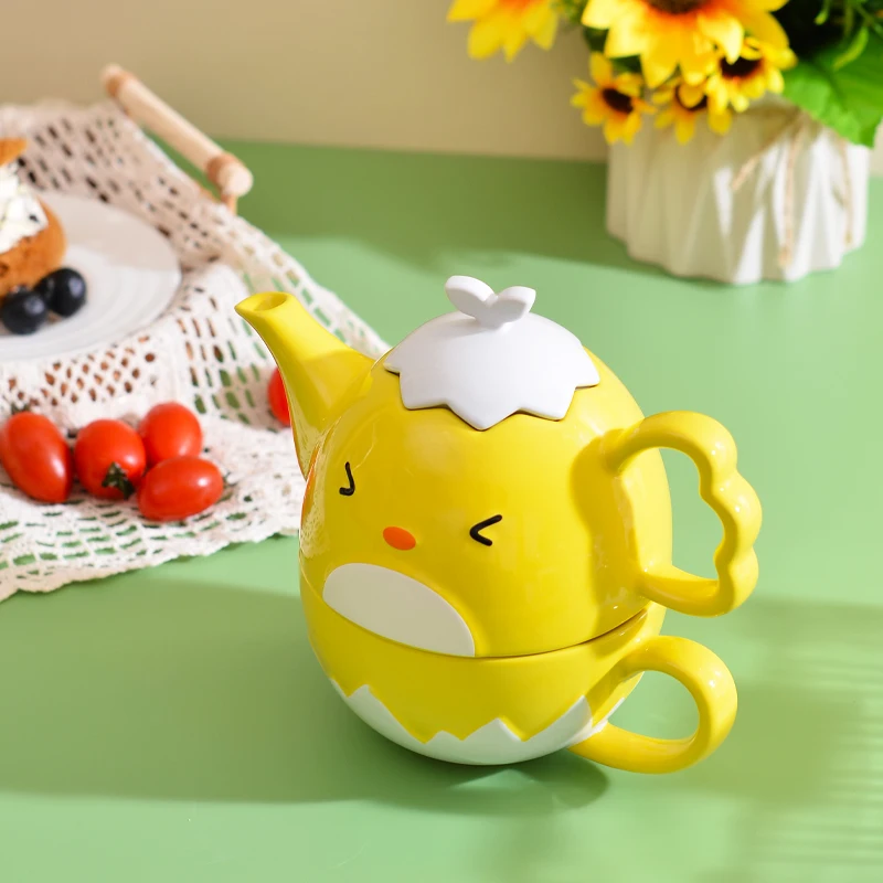 Ceramic Factory Custom Logo Cut Little Chicken Teapot and Cup Set Stoneware Coffee Pot Cup Set Tea for One Teapot Set