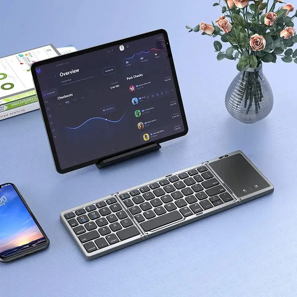 B089T Foldable Keyboard Wireless Bluetooth Optical Universal Mini Foldable Wireless Keyboard for Tablet Mouse Touchpad for PC
