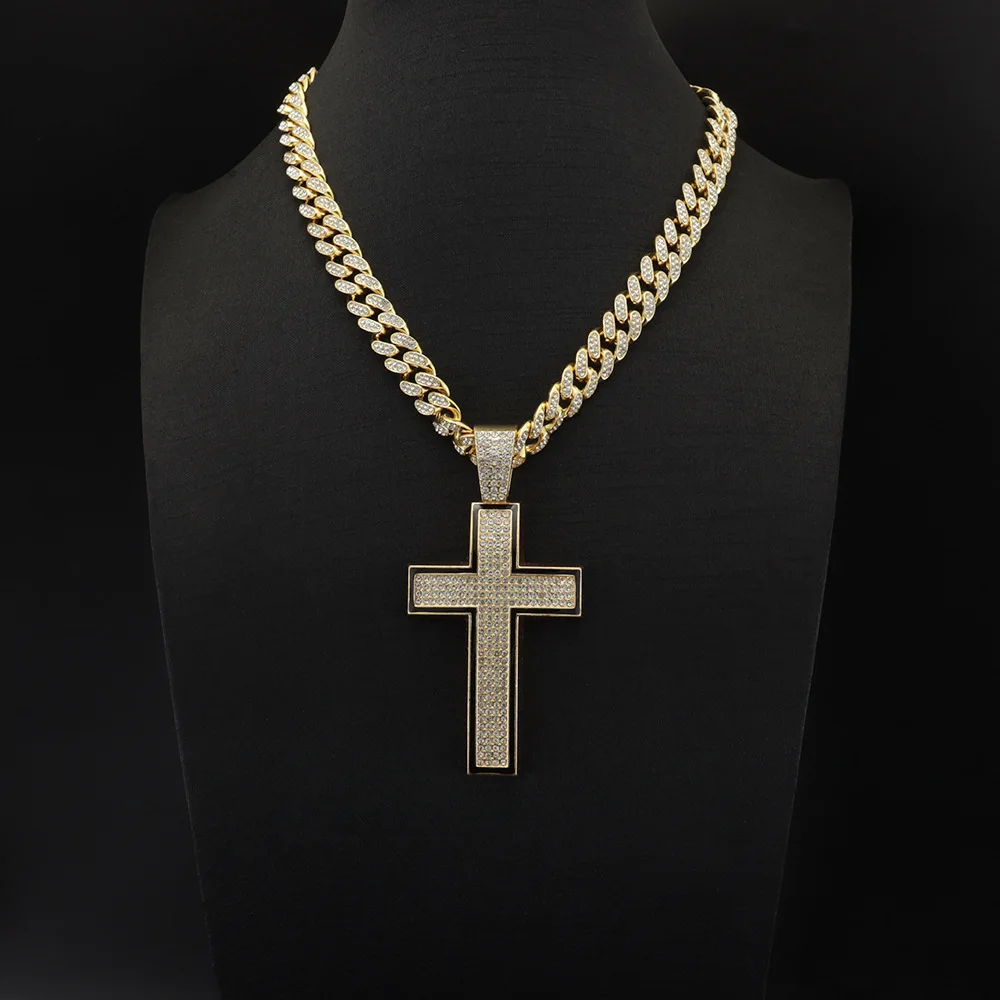 Hip Hop Alloy Men's Diamond Cross Pendant Cuban Chain Necklace 