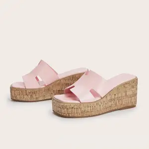 BUSY GIRL CXX320 Women's Glossy Pink Slide Sandals Cut Out Open Toe Wedge Mules for Summer Soft Minimalist Casual House Slippers