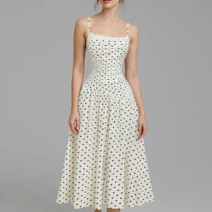 Custom High Quality Wholesale Sexy Summer Woven Polka Dots A-line Elegant Ruched Casual Pleated Women Midi Dress