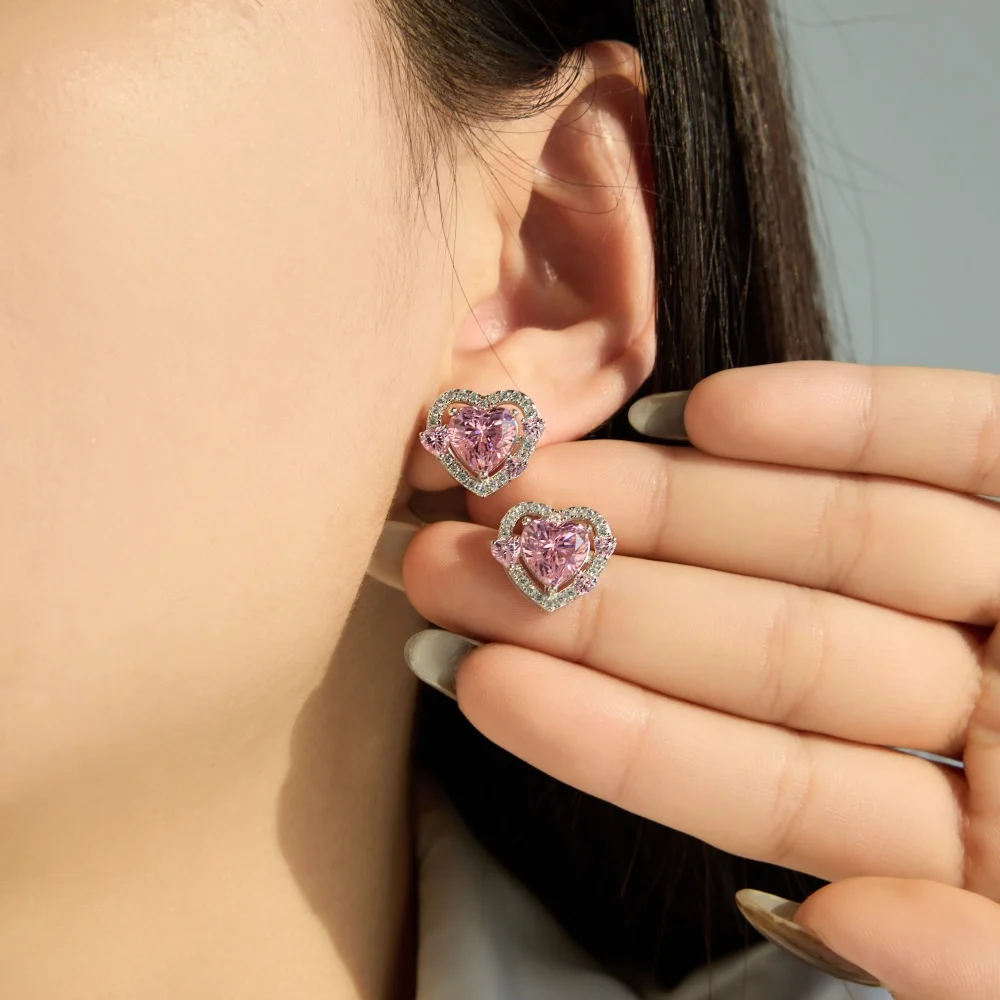 KAKODIY Shiny 925 Sterling Silver Birthstone Stud Earrings Women Heart Monolithic Pink 5A Cubic Zirconia Stud Earrings Fine Gift detail 5