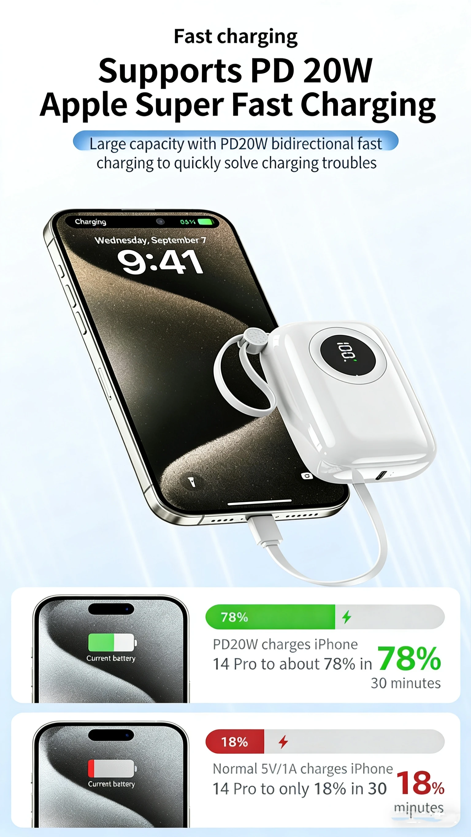 NINER9 Mini Built-in Cable Power Bank Super Fast Charging Mobile Power Supply Type-C/USB Interfaces Custom Logo for Promotional preview 5