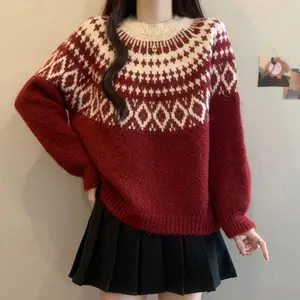 Autumn New Christmas Jacquard Knit Sweater Women's Festive Pattern Red White Pullover 2026 Winter Warm Holiday Sweater