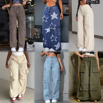 Wholesale Large Casual High-waisted Classic Pocket Pants Wide Leg Pants Women Breathable Cargo Pants OEM Women