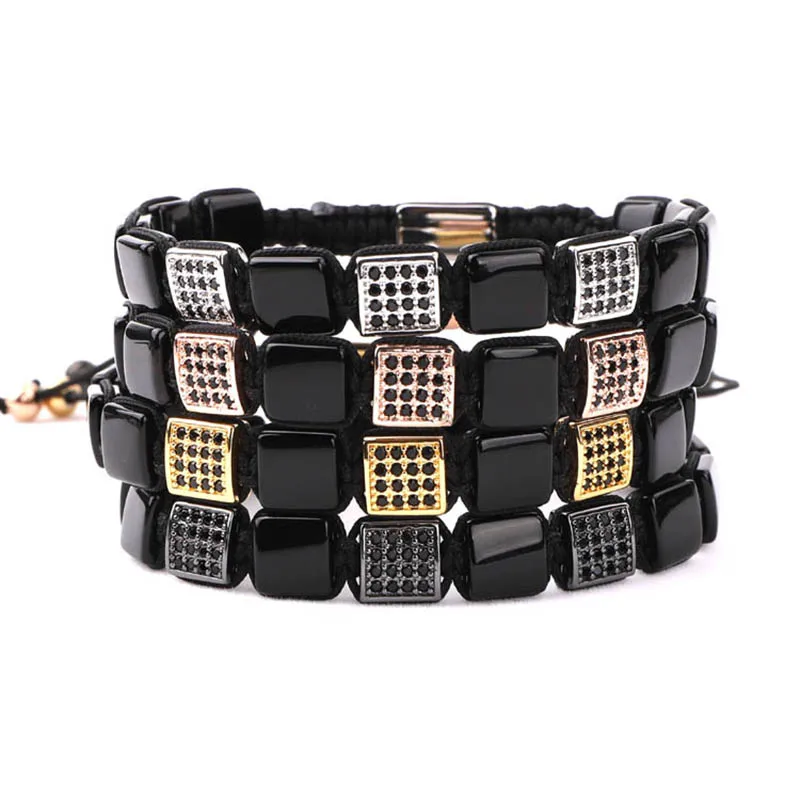 Unique Design Black Onyx Natural Stone Square Beads Black CZ Charm Macrame Friendship Custom Logo Men Bracelet