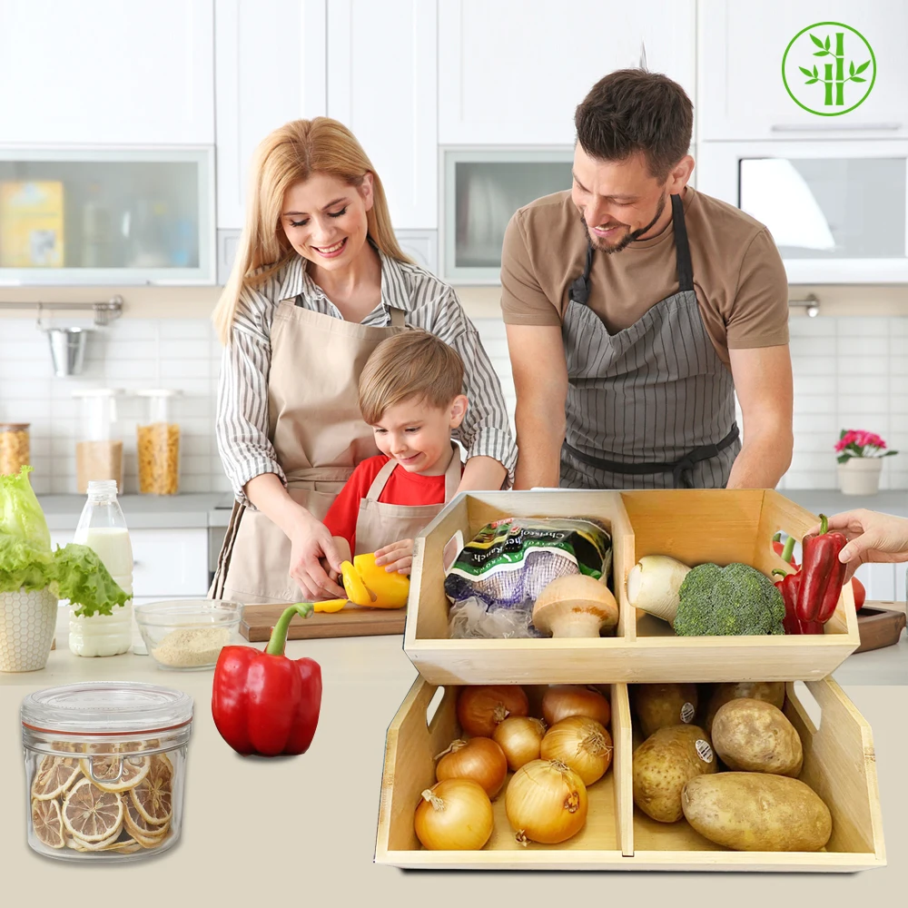 2 Set Bamboo Storage Bin Pantry Storage Baskets Kitchen Organization Ideal  for Potato and Onion Pantry and Vegetable, image size:1000x1000