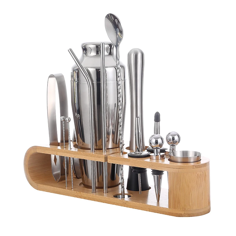 Hot Selling 700 ML Stainless Steel Cocktail Shaker Home Bar Set Bar Tool Set with Bamboo Stand