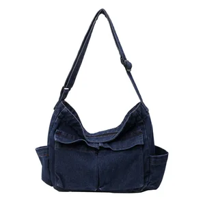 Custom Logo Large Capacity Canvas  Solid Soft Denim Shoulder Bags Casual Cowboy Crossbody Bag