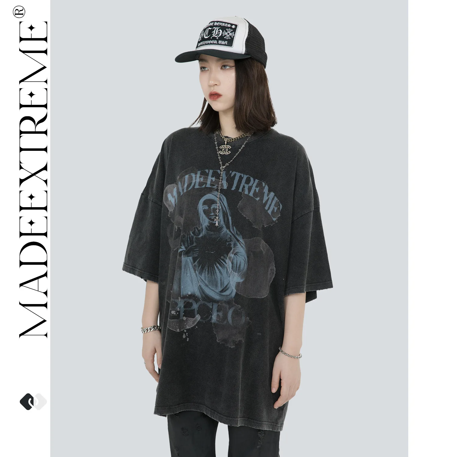 V Neck 'Colorado' Graphic Print Side Split Detail Oversized T-Shirt Dress  In Charcoal Acid Wash