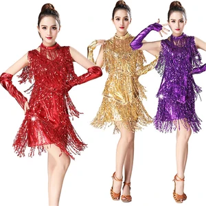 Ladies Latin Dance Performance Dress Sequined Tassel Personalized Ballroom Dancing Skirt Adult Sleeveless Stage Costume