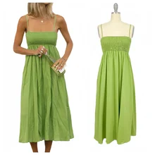 Green Linen Sun Dresses Summer Casual Smocked Midi Dress Ladies Spaghetti Strap Women Elegant Women Dress