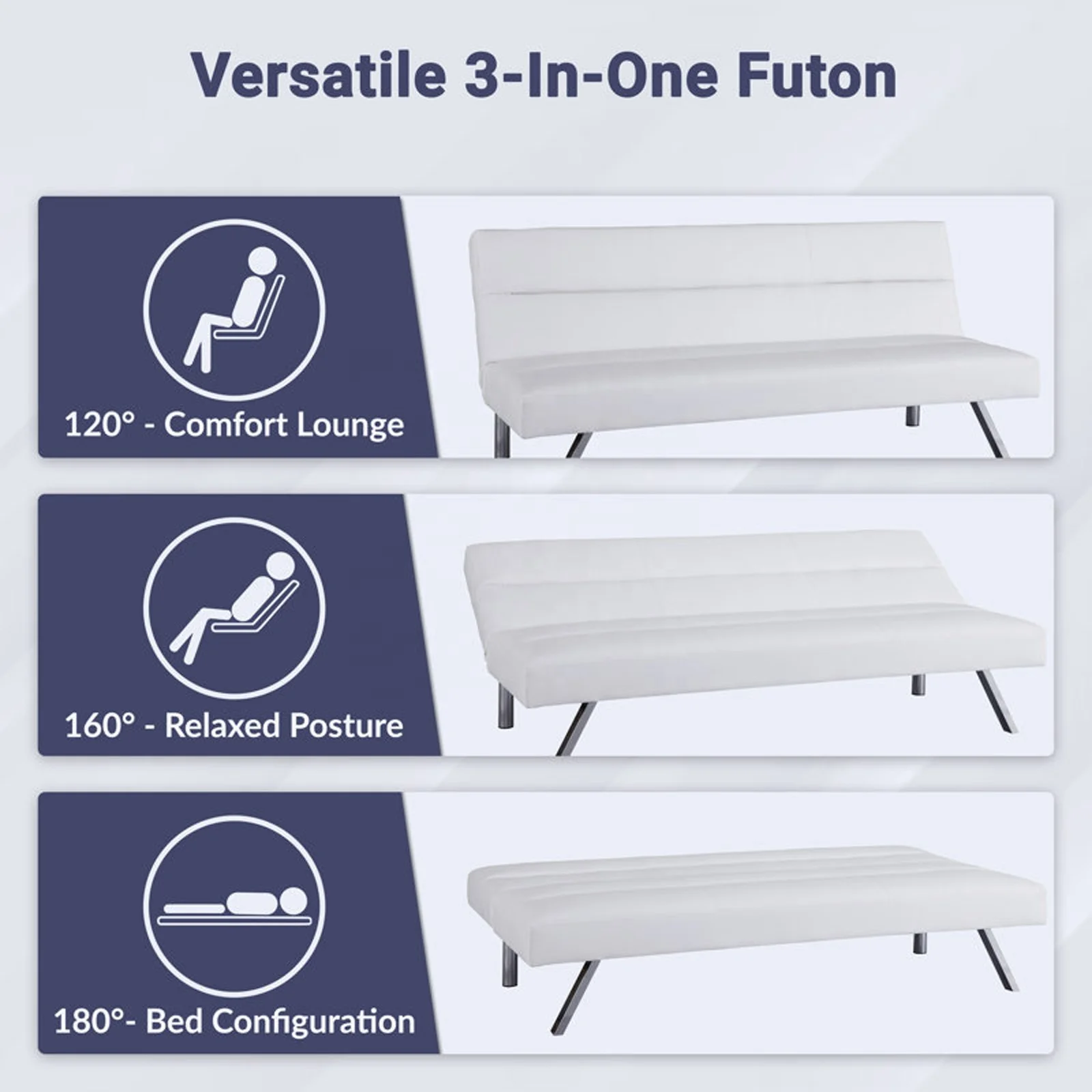Modern Multi-functional White Living Room Faux Leather Folding Couch Turns to Bed Futon Sofa Cam Bed for 2 Person